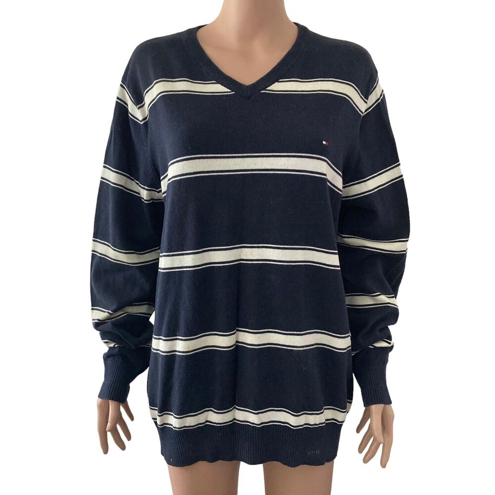 Tommy Hilfiger Sweater Mens Large Blue White Horizontal Stripes V-neck Pullover